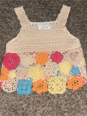 Zara Cream Crochet Tank with Colorful Floral Motifs